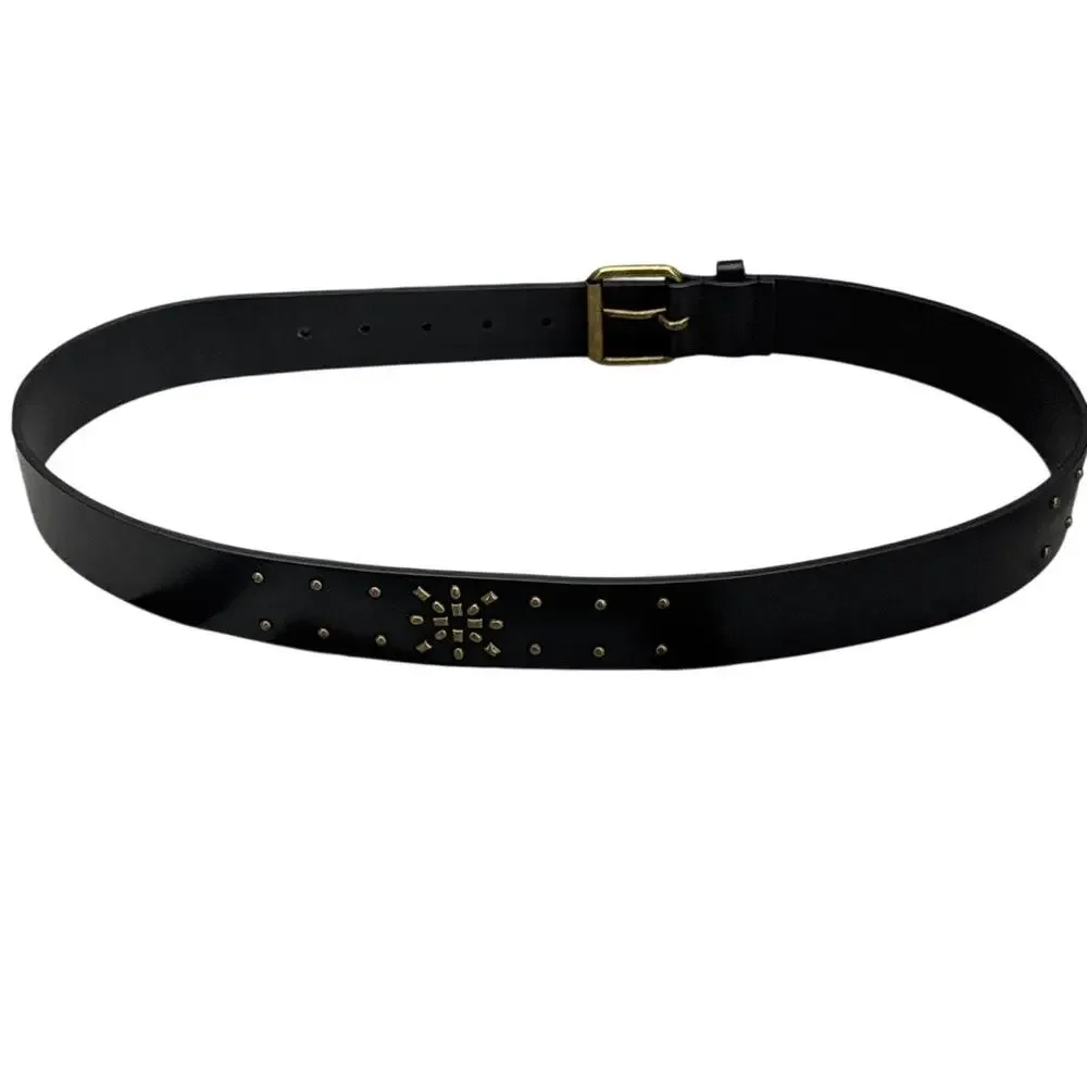Chaps Black Genuine Leather Studded Bronze Brass Buckle Belt Women Size M